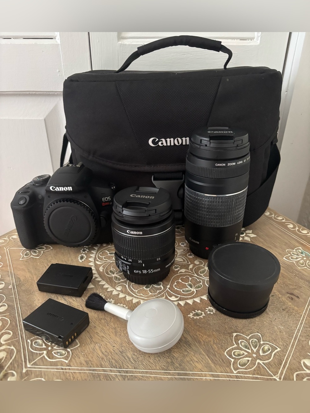Canon Rebel T7 DSLR Camera 18-55mm and 75-300mm Lenses 2 Batteries Memory Card
